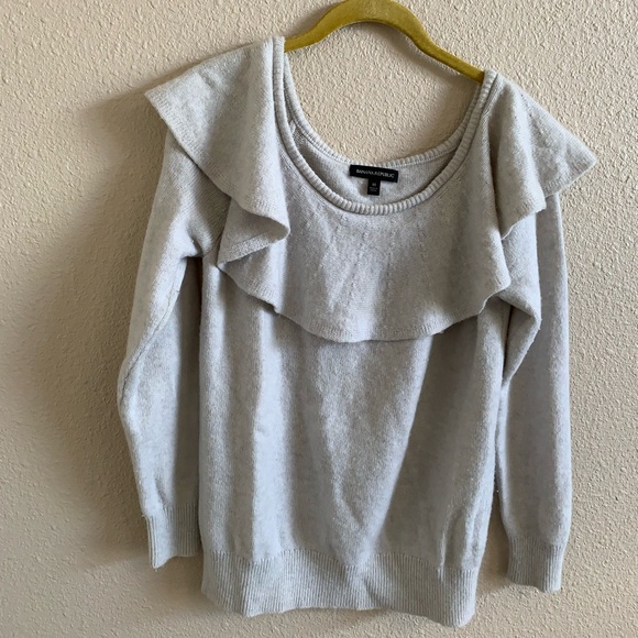 Banana Republic Ruffle Off The Shoulder Sweater Cream Gray Wool Cashmere 🌴 - Picture 3 of 10
